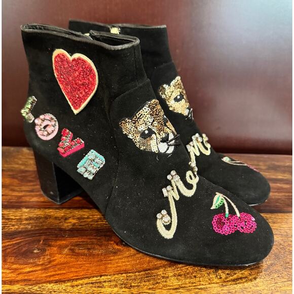 Kate Spade New York Liverpool Black Suede Sequin Patch Ankle Boots 7.5 - Picture 1 of 8